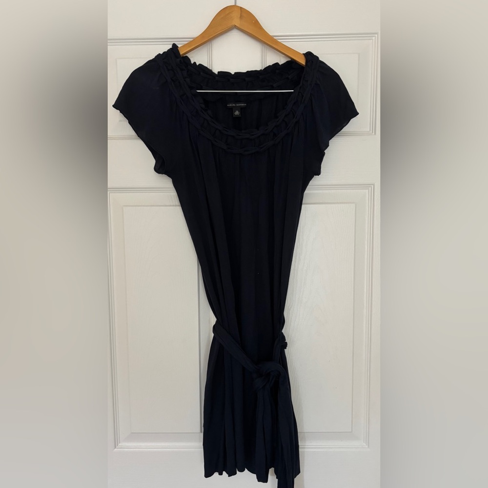 Banana Republic Black Short-Sleeve Knit Dress with Braided Neckline